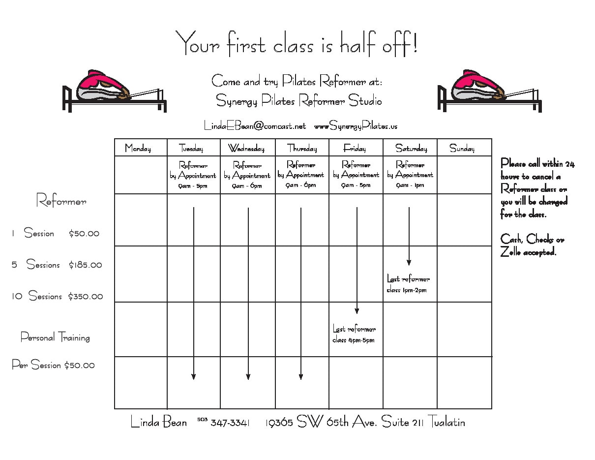 Synergy Pilates current class schedule and pricing
